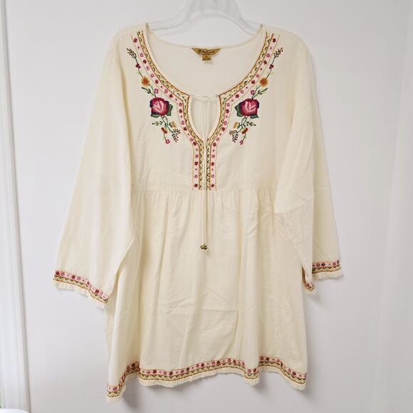 April Cornell W2 4X Tunic Top Embroidered Floral 3/4 Sleeve Neck Tie Cotton - Picture 1 of 13